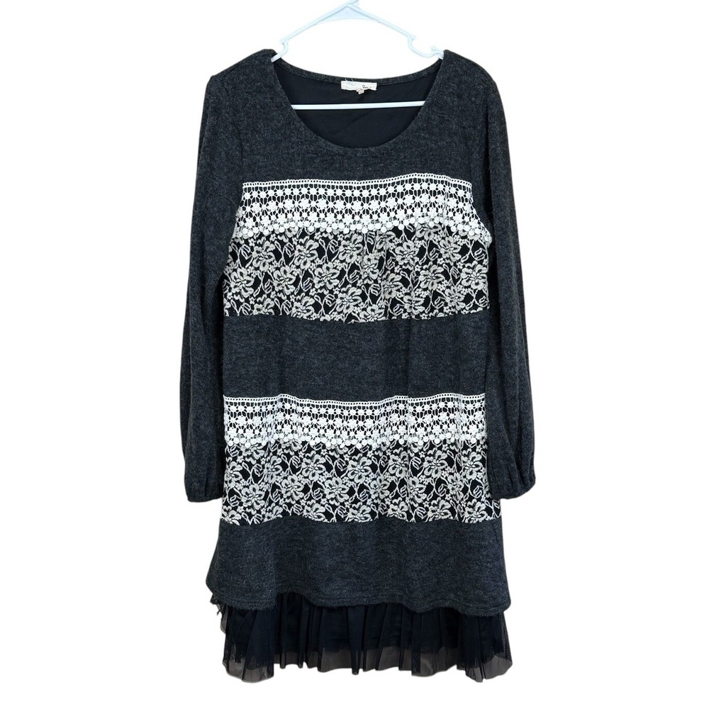 RYU Womens Embroidered Lace Ruffle Sweater Dress in Charcoal Size Large